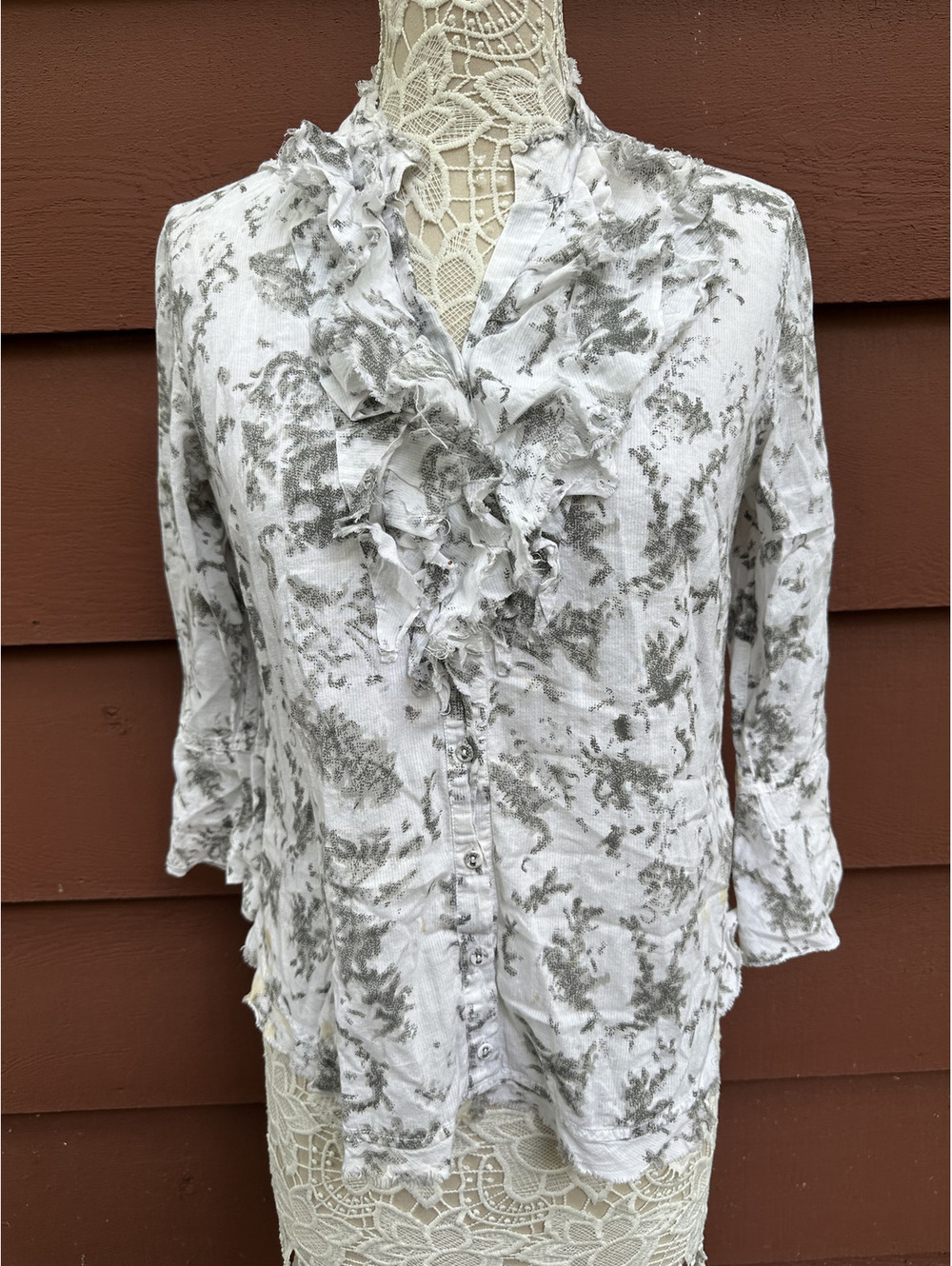 Tribal White Gray Floral Ruffle Button Up Blouse Feminine Bohemian